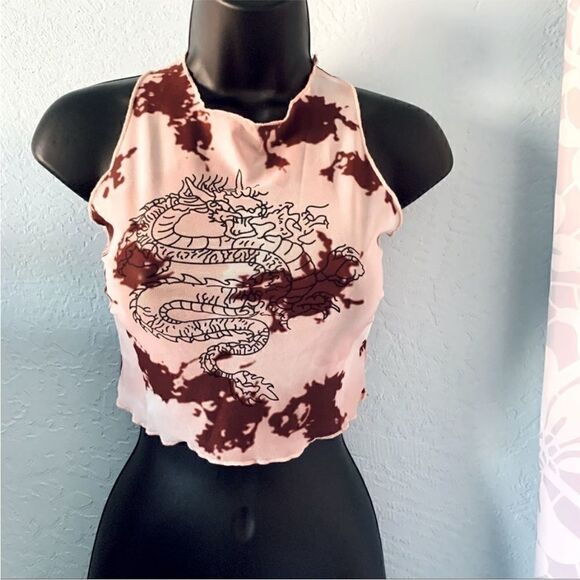 SHEIN Chinese Dragon Print Mesh Crop Top Size Small - Picture 1 of 8